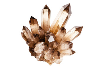 A stunning cluster of smoky quartz crystals with sharp points and a lustrous finish. set against a clean white background. ideal for natural beauty in geological studies or decor