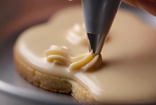 Close up of a frosted cookie being decorated with a pastry bag tip