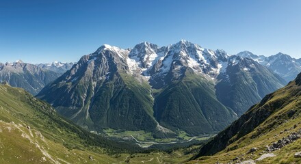 Obraz premium Majestic Snow-Capped Mountains Towering Over Green Valley