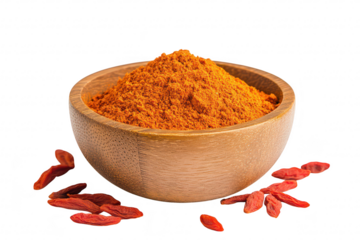 A wooden bowl filled with orange spice powder sits on a clean white background. surrounded by scattered red goji berries. emphasizing natural ingredients for culinary or health uses
