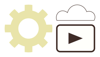 Gear next to cloud with video play button, representing media technology, cloud services, video streaming, innovation, system process, digital tools, and simple flat metaphor