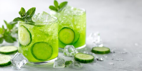 Refreshing cucumber mint cocktail with ice and bubbles