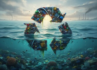 Recycling symbol forming from ocean plastic pollution