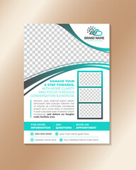 Modern business flyer template. poster design for business technology theme. space for photo collage isolated on vertical layout. curve border on top using blue gradient color