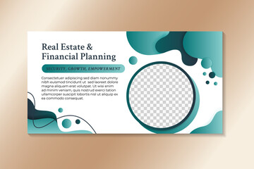 real estate and financial planning banner template on horizonal layout. liquid element on blue gradient colors. circle shape for photo space. 