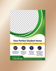 corporate multicolor student house rental flyer design template. vertical layout poster with infographic, circle shape for photo, dot pattern elements. poster design use vertical layout 