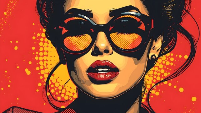 Vibrant pop art face, round glasses, dynamic graphic elements