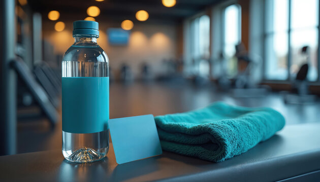 Fitness center essentials photo showing water bottle gym towel and membership card. Gym interior background blurred. Health and wellness concept for fitness or gym.