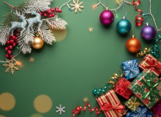 Christmas holiday gifts and decorations on green background