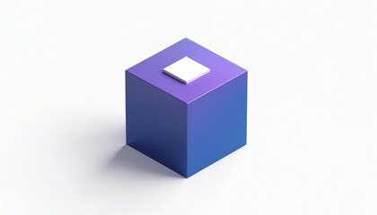 Obraz premium Isometric gradient cube with small white square on top. Modern abstract 3D shape on clean white background. Simple geometric form for digital art, tech concepts or graphic design.