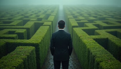 Obraz premium Man in suit stands at entrance of foggy green maze. Person looks into complex hedge labyrinth, contemplating difficult choice. Future uncertain, path unclear.