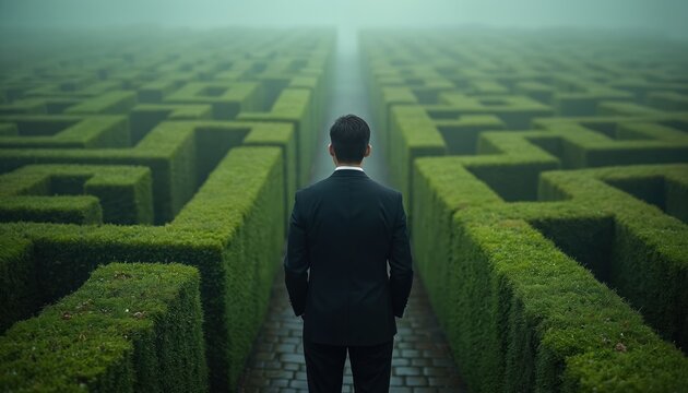 Man in suit stands at entrance of foggy green maze. Person looks into complex hedge labyrinth, contemplating difficult choice. Future uncertain, path unclear. - Powered by Adobe