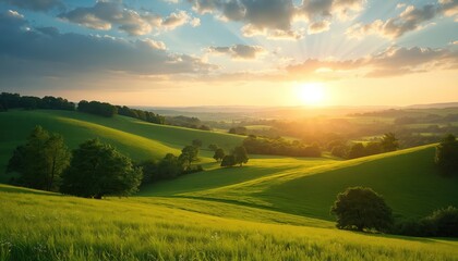 Obraz premium Green hills and trees under blue sky during sunset. Sun rays shine through clouds over grass fields. Idyllic countryside landscape, summer nature scene.
