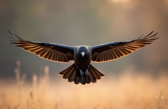 Black crow in flight against warm light background. Bird spreads wings, showing feathers. Wildlife photo shows a wild bird flying. Nature portrait captures a moment.
