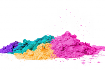 A arrangement of colorful powders in shades of purple. teal. yellow. and pink. artistically piled on a white background. ideal for creative projects or artistic themes
