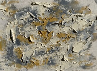 Abstract impasto painting featuring thick gold and grey paint texture