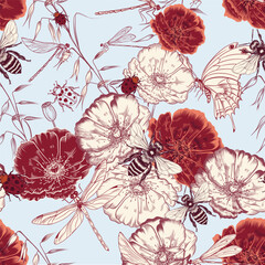 Fashion vector floral pattern with red poppy flowers, bees, dragonflies, toile de jouy seamless print style