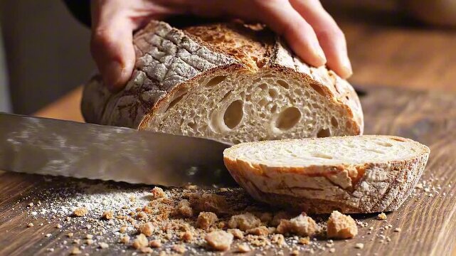 Artisan bread being sliced on a rustic wooden board with crumbs scattered