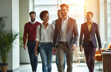 Diverse business team walks together in modern office hallway. Professionals in smart casual attire happily, approaching camera. People work collaboratively, discussing future projects.