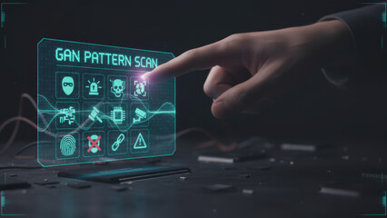GAN pattern scan deepfake technology detects ai crimes with futuristic interface and hand pointing on holographic screen