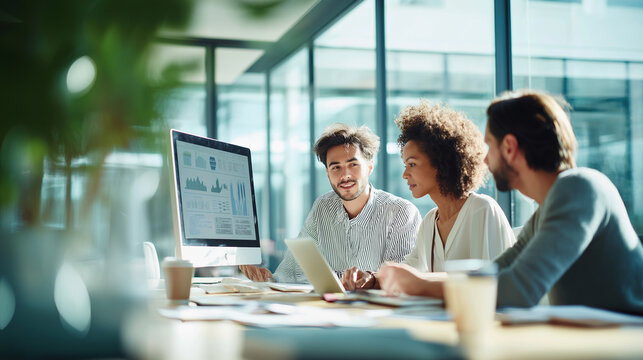 Three professionals analyze data in a modern office setting. Ideal for illustrating teamwork, business strategy, growth, and analysis concepts.