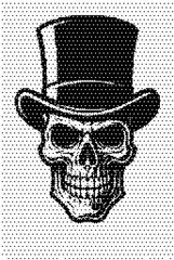 Pixel Skull with Top Hat, Vintage Halftone Gothic Illustration, Retro Elegant Skeleton Vector Art