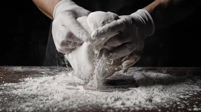 Hands kneading dough on a floury surface, preparing for baking with precision