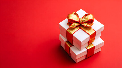 White gift box with golden ribbon among elegant white presents