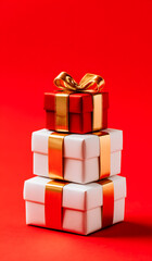 Red gift box with golden ribbon among elegant white presents