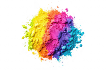 A explosion of colored powders arranged in a rainbow gradient. bright hues of yellow. green. blue. pink. and purple. ideal for creative projects and artistic backgrounds