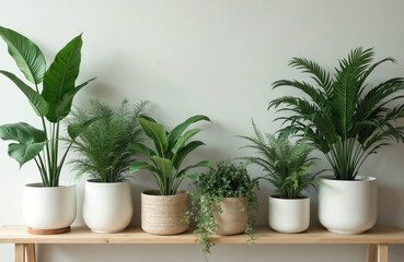 Green houseplants sit on wooden shelf against a white wall. Various potted plants create a modern room decor. Plants bring freshness and style to living space.
