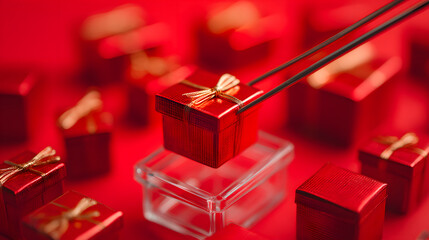 Tiny red gift box captured by claw in festive machine