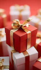 Red gift box with golden ribbon among elegant white presents