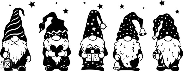 Christmas Gnomes  Bundle, Black White Vector Clipart Silhouette, Holiday Cutting File, Scandinavian Gnome Design