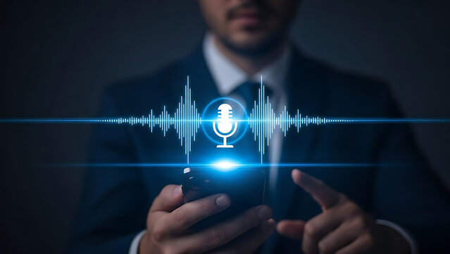 Professional using voice recognition on smartphone with modern microphone interface for seamless digital communication and audio transcription technology