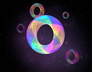 Abstract, rainbow-hued rings float in a starry, cosmic background