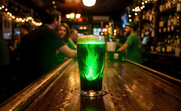 St. Patrick's Day Celebration: Green Beer on a Bar with Festive Atmosphere