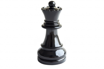 A close-up view of a glossy black chess king piece standing upright on a white background. its elegant design and smooth finish. ideal for chess-related content or merchandise