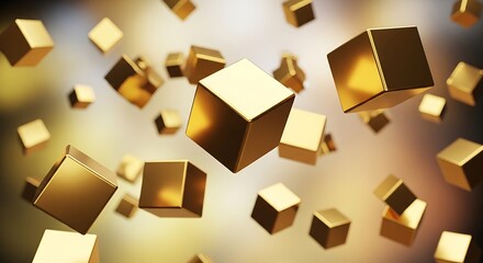 Golden cubes floating in space, elegant modern abstraction with warm diffused lighting and shimmering surfaces