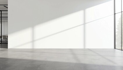 Empty office interior with concrete floor empty white wall with copy space and windows in background. Slight cross process effect added. 3D rendered image.