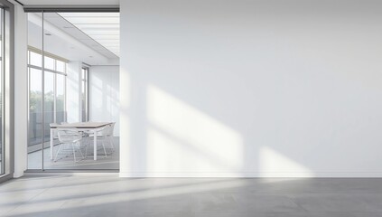 Obraz premium Empty office interior with concrete floor empty white wall with copy space and windows in background. Slight cross process effect added. 3D rendered image.