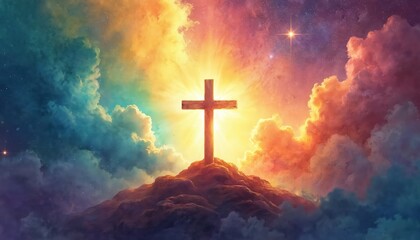 Fototapeta premium Religious cross on hill surrounded by colorful cosmic clouds and stars. Divine light shines brightly from behind. Represents faith hope and spiritual connection to the universe.