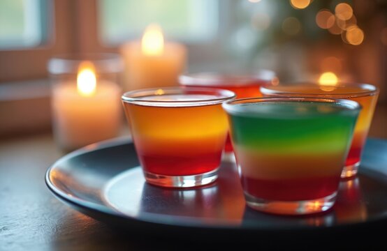 Colorful layered gelatin desserts sit on dark plate. Soft candle lights glow in background. Sweet treats ready for festive party holiday gathering. Rainbow colors make dessert fun, appetizing for