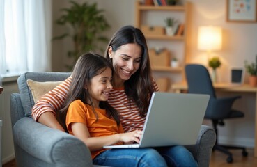 Mother and daughter watch laptop screen together, sitting on sofa at home. Young woman smiles, child points, enjoying time online. Woman works, kid learns, peaceful family moment.