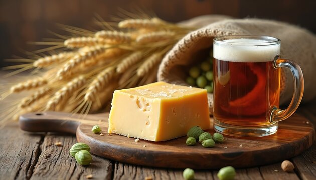 Still life photo with beer cheese and ingredients on wood. Beer mug with foam near cheese and barley. Culinary picture for restaurant or brewery menu design. - Powered by Adobe