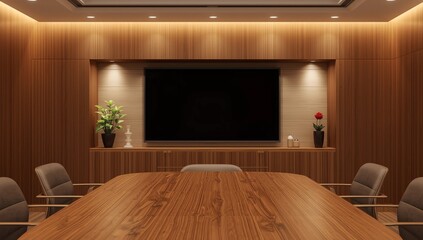 Fototapeta premium Empty poster on wooden wall in clean conference room interior with light wood furniture, modern layout, and minimal decor for advertising concept. 3D Rendering