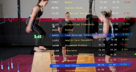 Left woman starting box jumps for fitness, coach timing, finance overlay with tickers obscuring gym - Powered by Adobe