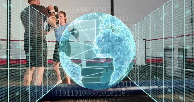 Coach raising mitts while boxer punching, AR globe growing then shrinking over ring for sports