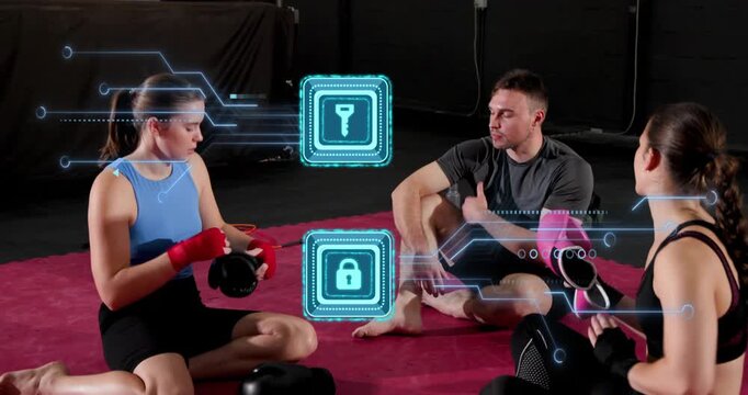 Man instructing, women adjusting gloves or wraps, preparing to box, blue UI key lock overlaying trio