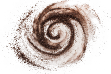 A mesmerizing swirl of brown and white powder resembling a galaxy. artistically arranged on a clean surface. creativity and texture. perfect for culinary or artistic projects